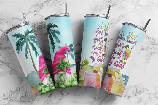 Tumbler | Beach 5 o'clock Sun Sand and a Drink gnome | Gift | BFF | special someone| Cruises |girl trip |drink up