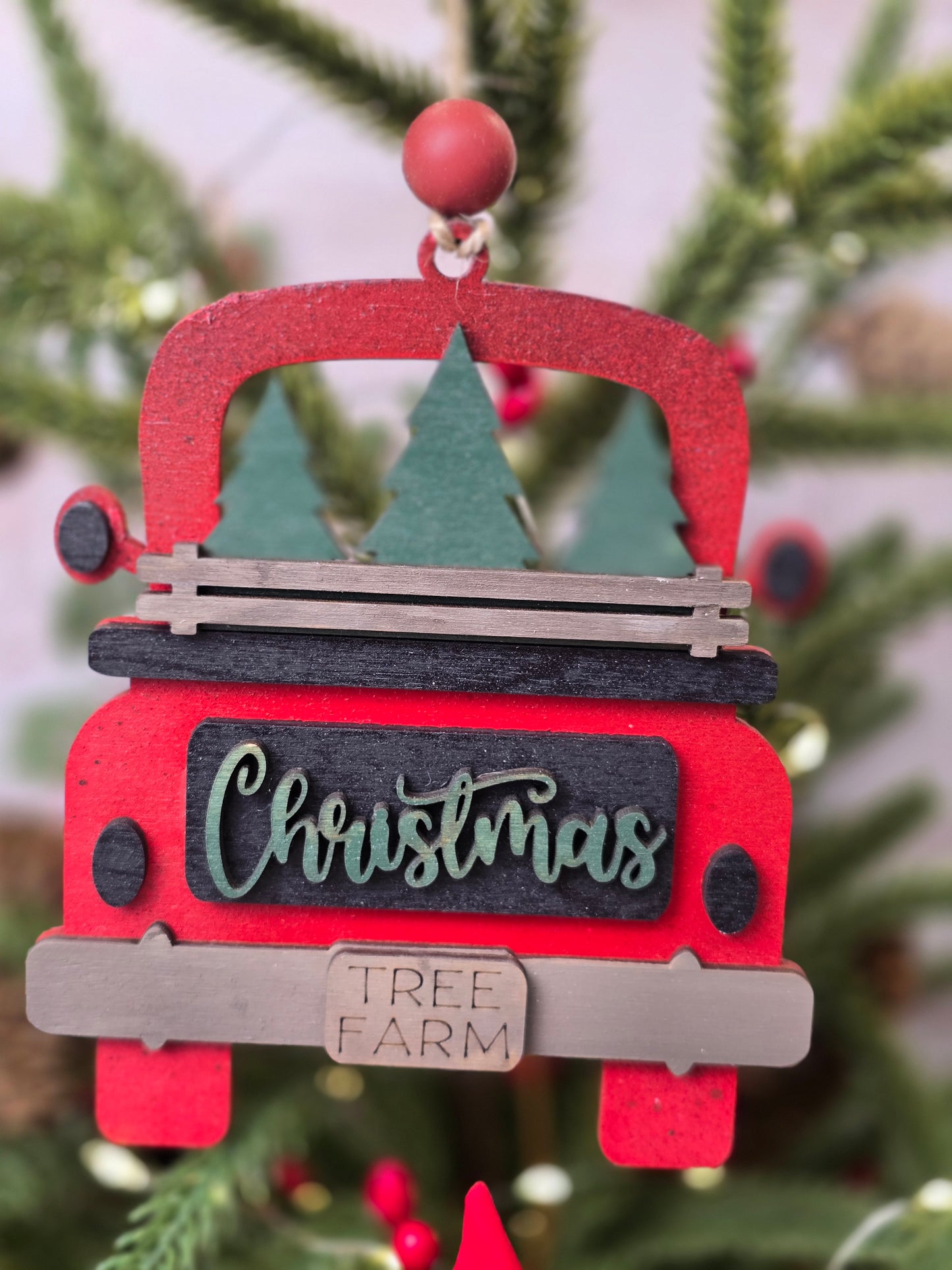 Ornament - Old Red truck - Tree farm  OR1008-25 - Hand Painted Christmas Ornament