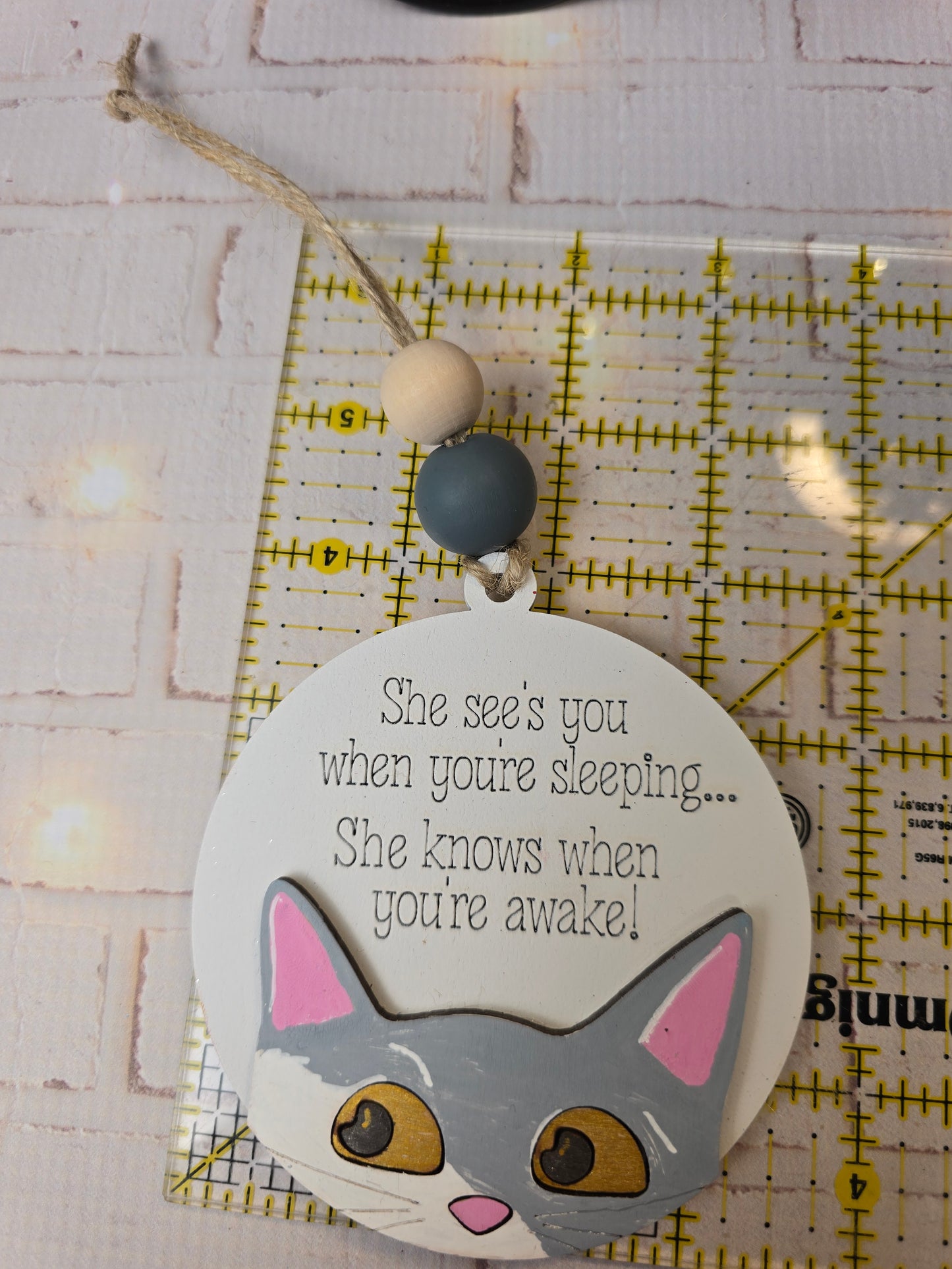 Ornament -  She sees you when your sleeping... She knows when your awake -cat OR1021-25 - Hand Painted Christmas Ornament