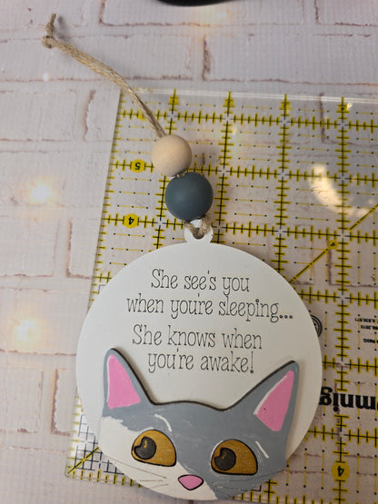 Ornament -  She sees you when your sleeping... She knows when your awake -cat OR1021-25 - Hand Painted Christmas Ornament