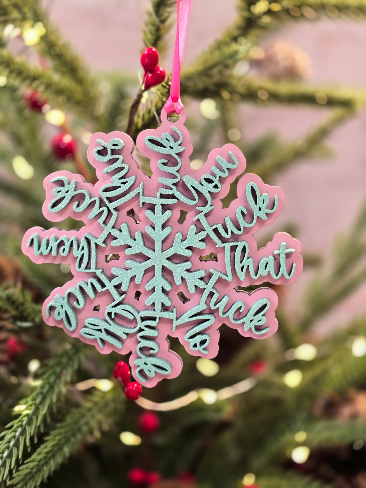 Ornament| Fk you Fk that fk no OR1033-25 pink -mint | NSFW  | Fuckflake snowflake ornament