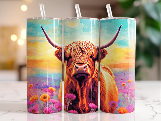 Tumbler | Highland Cow  | highland cows 47 | farm animals | cuteness | artful | flowers and mountains