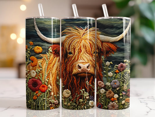Tumbler | Highland Cow  | highland cows 48 | farm animals | cuteness | artful | flowers and mountains