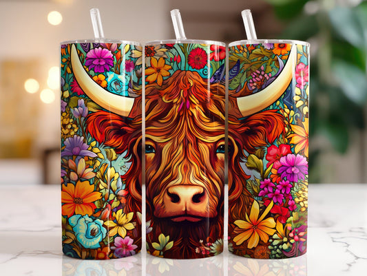 Tumbler | Highland Cow  | highland cows 49 | farm animals | cuteness | artful | flowers and mountains