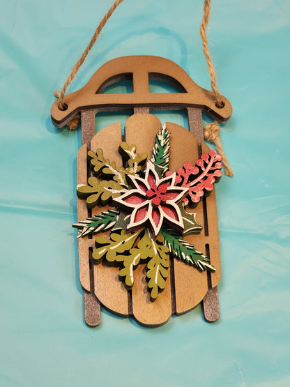 Ornament| A Christmas sled - poinsettia |  gift | Friend gift | sledding | Jingle all the way | Merry Christmas!