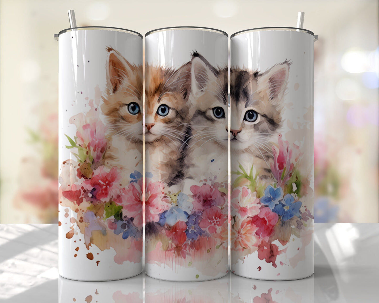Tumbler | Cute kittens in flowers  | animal print  | Gift | Sarcasm| OSFA |Great Gift- Ladies Men kids