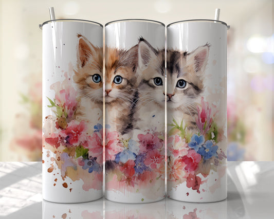 Tumbler | Cute kittens in flowers  | animal print  | Gift | Sarcasm| OSFA |Great Gift- Ladies Men kids