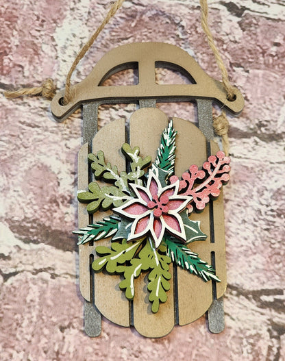 Ornament| A Christmas sled - poinsettia |  gift | Friend gift | sledding | Jingle all the way | Merry Christmas!