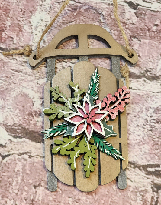 Ornament| A Christmas sled - poinsettia |  gift | Friend gift | sledding | Jingle all the way | Merry Christmas!