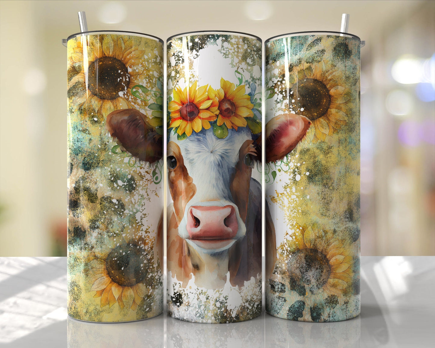 Tumbler |Pretty cow yellow flowers|  Sunflowers| Gift | BFF | funny| Beautiful colors |beautiful cow other tumbler