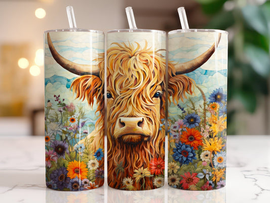 Tumbler | Highland Cow  | highland cows 41 | farm animals | cuteness | artful | flowers